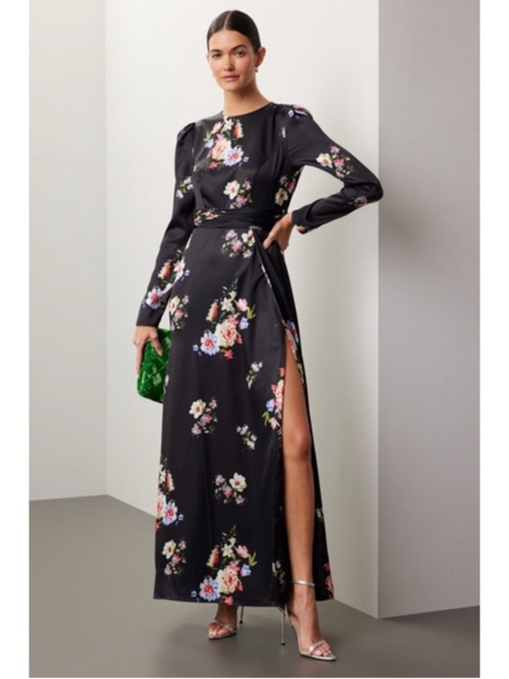 Mac Duggal Black Floral Long-Sleeve Maxi Dress with High Side Slit